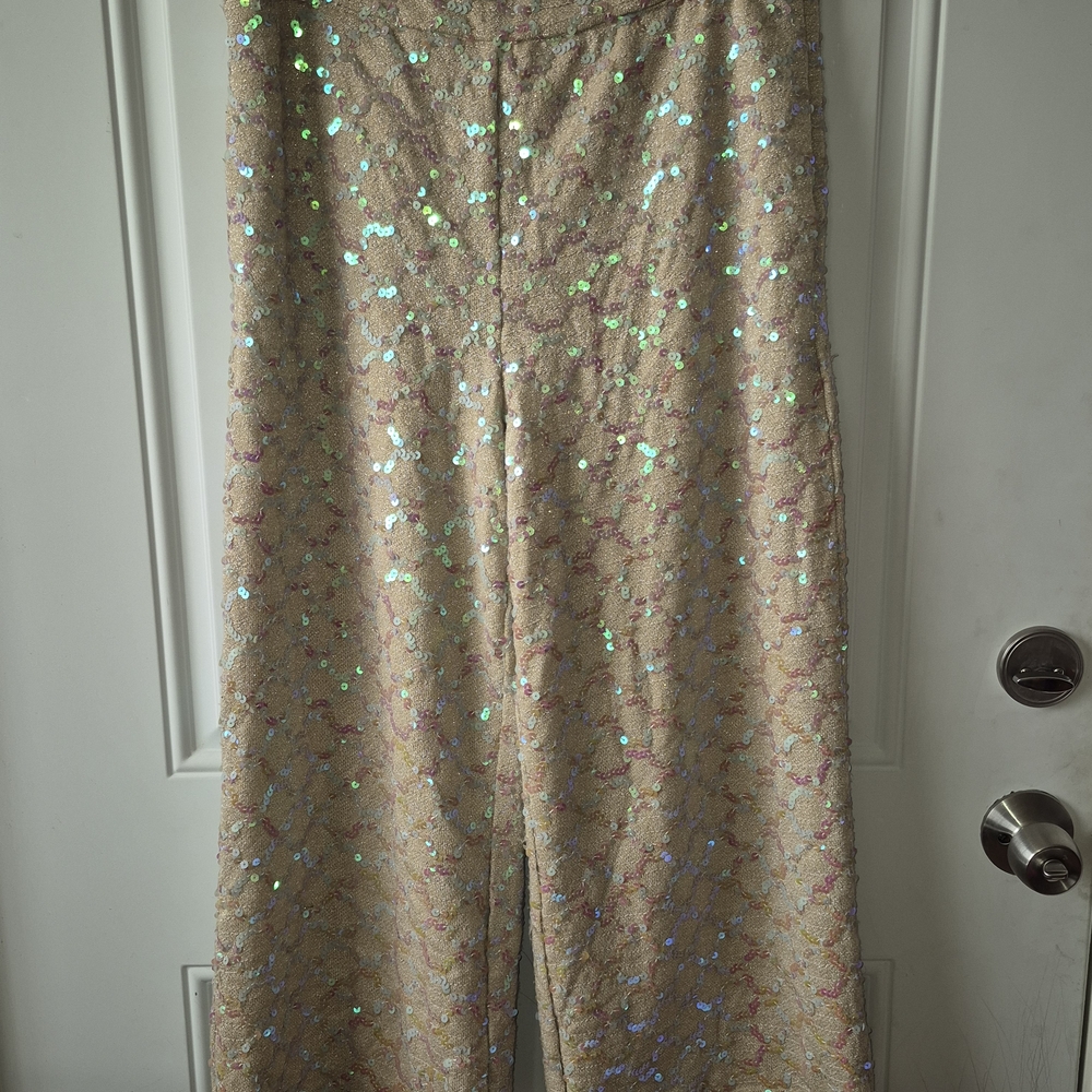Anthropologie Sequin Wide Leg Pants in Gold and Cream - Picture 3 of 7